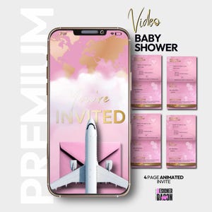 Girl Passport Baby Shower Invitation,  Personalized, Pink Travel Adventure Theme, Animated Digital Evite, Unique baby shower Video,