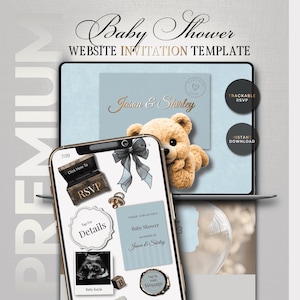 May include: A digital baby shower invitation template displayed on a laptop and smartphone. The design features a teddy bear, a blue bow, and the names "Jason & Shirley." The phone shows RSVP and details options.
