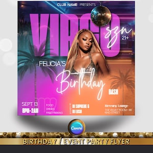 Virgo Birthday Party Flyer, Women&#39;s Birthday Flyer, Birthday girl, Event Flyer, Club Flyer, Birthday Bash, Birthday Flyer, Canva Template