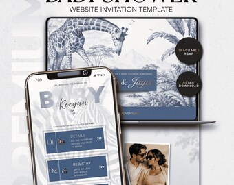 Safari Journal Baby Shower Website Template • Safari Toile Baby Shower Invite • Canva RSVP Website • Wild Adventure Evite