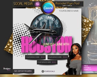 Houston Travel Booking Flyer, Hair Stylist Travel, MUA Travel Flyer, Editable Traveling Booking Flyer, Lash Tech, Nail Tech, Canva Template