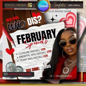 February Booking Flyer, Valentines Day Booking Flyer, Hair Flyer,  Holiday Deals Flyer, Makeup, Hair, Lashes, Nails, DIY Canva Template