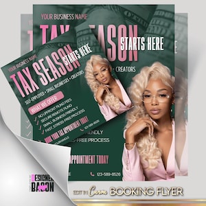 May include: A promotional flyer for tax season, featuring a woman with blonde hair and glasses. The flyer has a green and pink color scheme with text that reads "Tax Season Starts Here." It also includes the text "Book Your Tax Appointment Today."