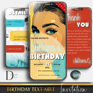 Convite de aniversário pop art, convite exclusivo de aniversário, cartão eletrônico retrô, convite de telefone Canva, mensagem com texto, convite de vídeo animado