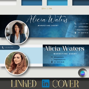 Könnte beinhalten: LinkedIn-Titelbildvorlage mit einem blauen Aquarellhintergrund. Die Vorlage zeigt ein Porträt einer Frau, ihren Namen "Alicia Waters", den Titel "Marketing Agentin" und Kontaktinformationen wie Telefonnummer, E-Mail-Adresse und physische Adresse.