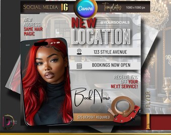 Puede incluir: Gráfico de redes sociales que anuncia una nueva ubicación para una peluquería. El gráfico presenta a una mujer con el pelo largo y rojo, el texto "NUEVA UBICACIÓN", la dirección "123 STYLE AVENUE" y la frase "RESERVAS ABIERTAS AHORA".