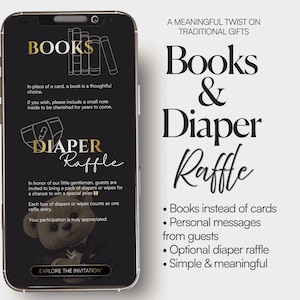 May include: A smartphone screen displays a baby shower invitation with the text "Books & Diaper Raffle." The design features illustrations of books, a diaper, and a teddy bear, with additional text describing the event.