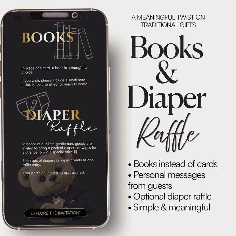 May include: A smartphone screen displays a baby shower invitation with the text "Books & Diaper Raffle." The design features illustrations of books, a diaper, and a teddy bear, with additional text describing the event.