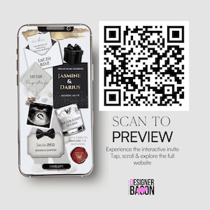 May include: A smartphone screen displays an interactive wedding invitation. The invitation includes details, RSVP options, and registry information. A QR code is present for previewing the full website. The text reads "Jasmine & Darius" and "Saturday July 19".
