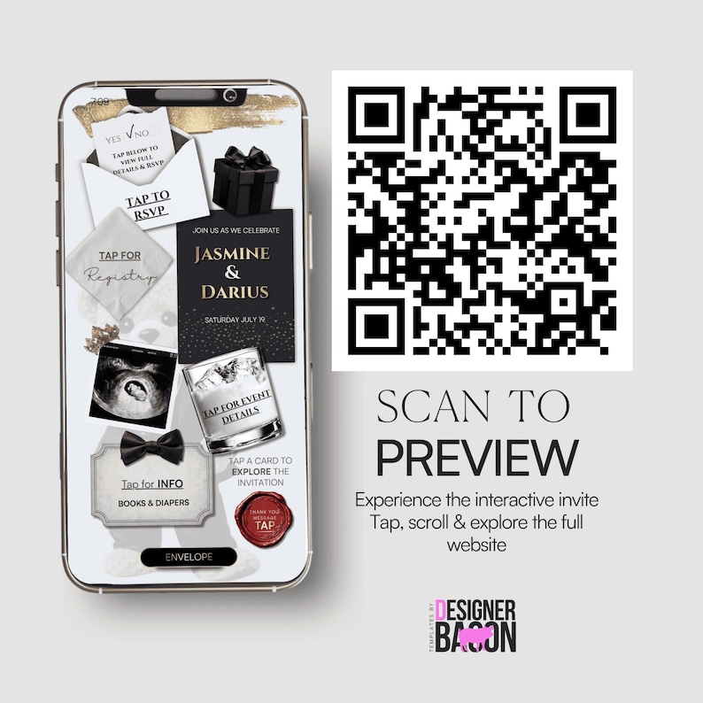May include: A smartphone screen displays an interactive wedding invitation. The invitation includes details, RSVP options, and registry information. A QR code is present for previewing the full website. The text reads "Jasmine & Darius" and "Saturday July 19".