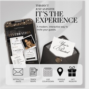 May include: A smartphone displaying a digital invitation with event details, a photo, and a timeline, alongside a black envelope with a wax seal and a card reading You're Invited. Icons for interactive invite, RSVP tracking, countdown, map, and registry.