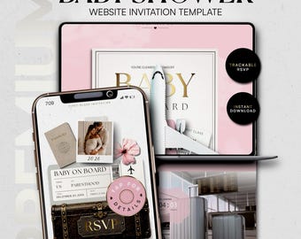 GIRL Passport Baby Shower Invitation Template · Travel Baby Shower Website Invite · Editable Canva RSVP Invite · PINK Baby Shower. Airplane