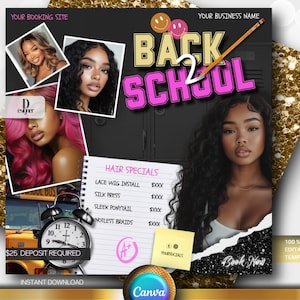 Back 2 School Booking Flyer,  Back to School, Editable Canva Template for Hair, Nails, Lashes, Makeup, August Promo, Instant Download