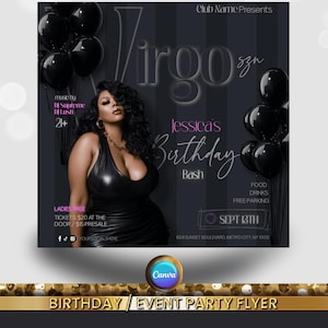 Birthday Party Flyer, Women&#39;s Birthday Flyer, Birthday girl, Event Flyer, Club Flyer, Birthday Bash, Virgo Birthday Flyer, Canva Template