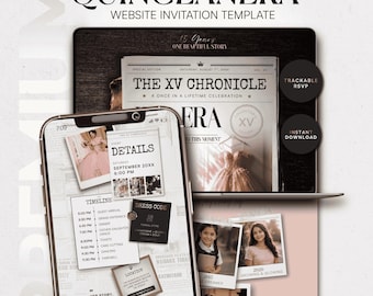 Quinceañera Invitation Template •   Quince Newspaper Website •  Editable Canva RSVP Website • Pink Gold Invite • Sweet 15 Digital Download