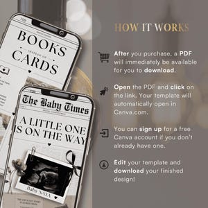 May include: Two smartphones display text: "BOOKS INSTEAD OF CARDS" and "A LITTLE ONE IS ON THE WAY." The latter includes a photo of a baby ultrasound. The image also shows instructions on how to download a PDF template.