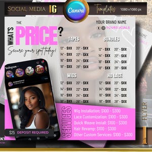 Hair Flyer, Hair Price List, booking flye, Diy Premade Instagram Template ,DIY Flyer, Hair Sale, Extensions Wig, Hairtylist, Editable Cavna