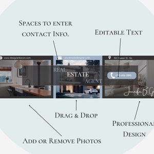 May include: A customizable real estate agent business card template with editable text fields and space to add photos. The template features a modern design with a black and white color scheme. The text on the card includes "Real Estate Agent", "Jennifer B. Gilbert", and a phone number and website address.