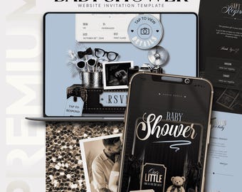 Baby Shower Website Template with RSVP | Photo Booth Dusty Blue Boy Invitation | Editable Canva Registry Countdown | Digital Download