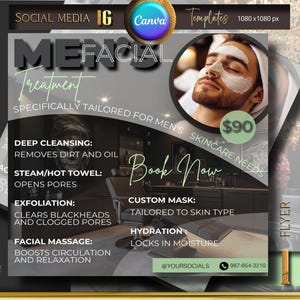 Flyer de ofertas faciais masculinas, Flyer de tratamento facial masculino, Flyer de venda para novos clientes, Flyer de spa, Flyer de esteticista, modelo editável do Canva