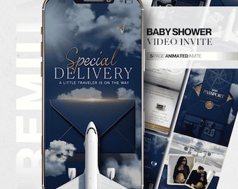Boy Passport Baby Shower Invitation • Personalized • Navy Blue Travel Adventure Theme • Animated Digital Evite • Airplane Baby Shower Video