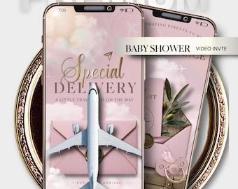 May include: Two smartphones displaying a digital baby shower invitation with a travel theme. The screens feature a pink background, a white airplane, a pink envelope, and text that reads Special Delivery A Little Traveler Is On The Way.