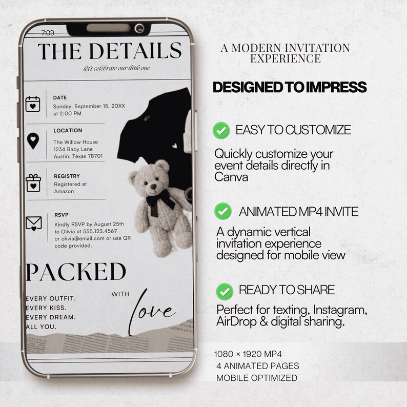 May include: A smartphone screen displays an invitation design with the text "THE DETAILS" and event information. A teddy bear and a black silhouette are also visible. The design includes the words "PACKED WITH LOVE". The invitation is mobile optimized.