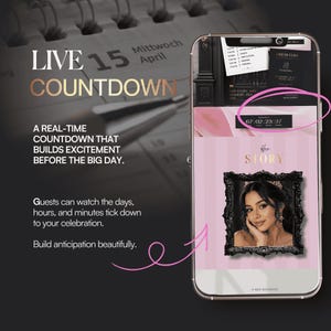 May include: A smartphone screen displays a digital event invitation featuring a live countdown timer showing 67:02:23:37, the text Her Story, and a portrait of a person in a black ornate frame. The background includes a calendar and text about countdowns.