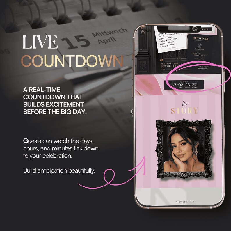 May include: A smartphone screen displays a digital event invitation featuring a live countdown timer showing 67:02:23:37, the text Her Story, and a portrait of a person in a black ornate frame. The background includes a calendar and text about countdowns.