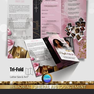 Trifold Funeral Program , PINK Celebration of Life Obituary Program,  Elegant Memorial Program, In Loving Memory,  Canva Template