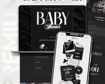 Baby Shower Website Invitation Template with RSVP & Countdown | Luxury Editorial Black White Invite | Editable Canva | Digital Download