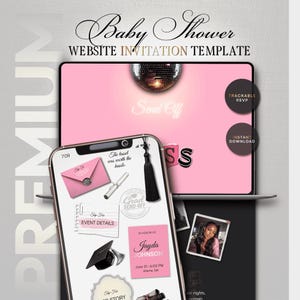 May include: A digital baby shower website invitation template displayed on a laptop and smartphone. The design features a pink background with the words "Baby Shower" and "Send Off". The smartphone screen shows event details and RSVP information.