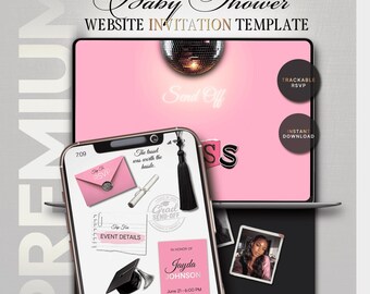 Pink Glam Graduation Website Invitation Template Class of 2026 · Editable Canva Grad Invite · Interactive RSVP Website ·  Silver Grad Party