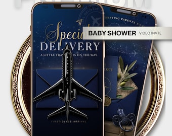 Boy Passport Baby Shower Invitation • Personalized • Navy Blue Travel Adventure Theme • Animated Digital Evite • Airplane Baby Shower Video