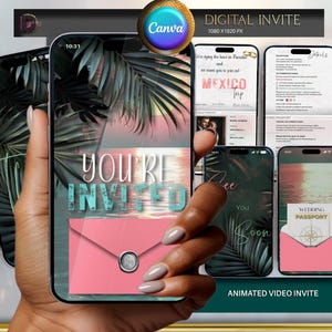 Wedding Passport Invitation, Destination Wedding Invitation,  TROPICAL Digital Animated Invite, Travel Wedding Electronic Editable Invites
