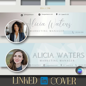 May include: LinkedIn cover photo template with a blue and white geometric background. The template features a headshot of a woman, her name "Alicia Waters", and the title "Marketing Manager". The template also includes contact information, including a website, email address, and phone number.