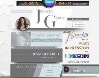 Könnte beinhalten: Vier anpassbare LinkedIn-Banner-Vorlagen für Grafikdesigner. Die Vorlagen haben einen weißen Hintergrund mit einem blauen und grauen Farbschema. Der Text "7 Sekunden, um einen ersten Eindruck auf LinkedIn zu hinterlassen" wird in goldenen Buchstaben angezeigt. Der Text "Lass es zählen" wird in blauen Buchstaben angezeigt. Der Text "4 DIY-Vorlagen" wird in schwarzen Buchstaben angezeigt.