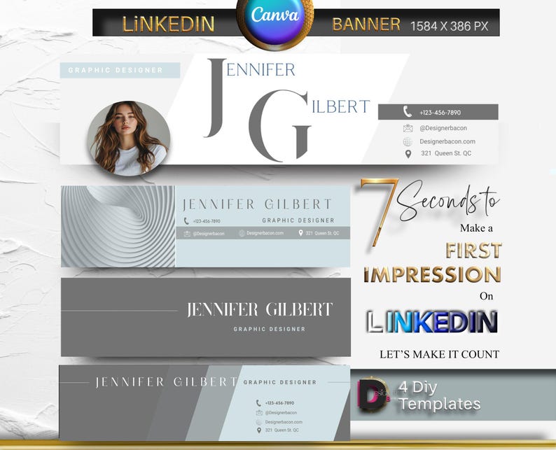 May include: Four customizable LinkedIn banner templates for graphic designers. The templates feature a white background with a blue and gray color scheme. The text "7 Seconds to Make a First Impression on LinkedIn" is displayed in gold letters. The text "Let's Make It Count" is displayed in blue letters. The text "4 Diy Templates" is displayed in black letters.