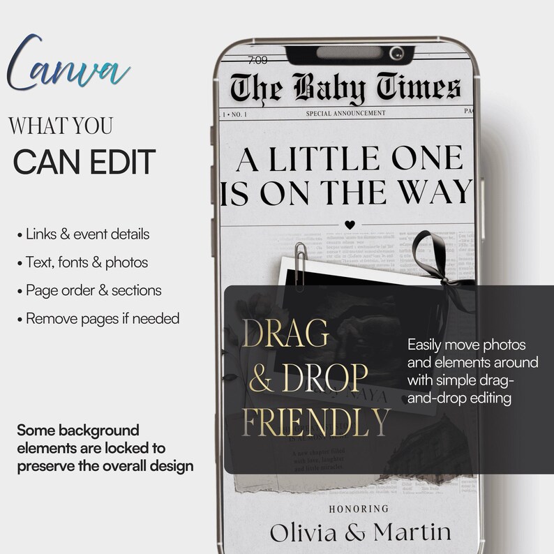 May include: A smartphone displays a baby announcement design. The design features the text "The Baby Times" and "A Little One Is On The Way." The words "Drag & Drop Friendly" are also visible. The Canva logo and editing instructions are on the left.