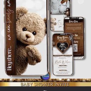 May include: Digital baby shower invitation displayed on smartphones. The design features a teddy bear, a photo of a couple, and event details. The invitation includes the text "Baby Shower Invite" and "Baby Briana on the way."