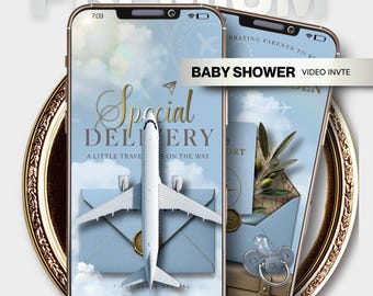 May include: Two smartphones display a digital baby shower invitation with a travel theme. The screens feature a white airplane, a light blue envelope with a gold wax seal, clouds, and the text Special Delivery A Little Traveler Is On The Way.