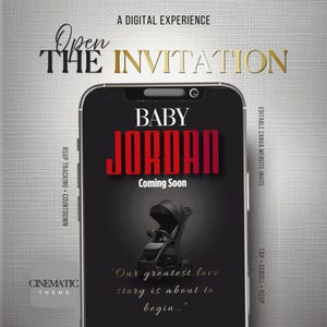Unique Shower Invitation Template, Coming Soon Movie Theme,Interactive Canva Website Invite, RSVP Form, QR Code, Black Invite