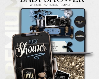 Baby Shower Website Template with RSVP | Photo Booth Blue Black Invitation | Editable Canva Registry Countdown | Digital Download