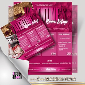 May include: A pink Valentine's Day room setup flyer with the text "Valentine's Room Setup." The flyer advertises premium and deluxe romance packages, with additional options. The design promotes romantic room decorations for Valentine's Day.