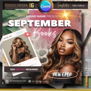 Hairstylist Flyer, September Booking,  Hair Flyer, Book Now, Instagram Template, Hair Stylist, Wig flyer, Wig Install,
