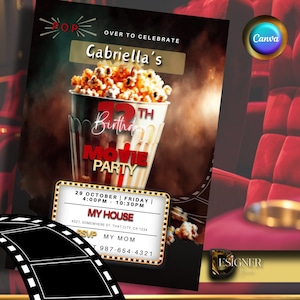 Movie Night Birthday Party Invitation, Editable Movie Night Invite, Digital Cinema Birthday Party Invite, Electronic Movie Party Evite