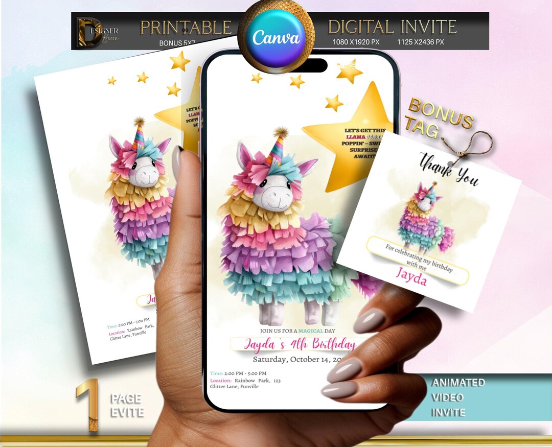 Llama Birthday Party Invitation, Editable Evite, Printable, Canva ...