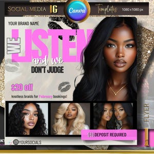 Hair flyer, February Booking Flyer, Valentines Day Booking Flyer, Holiday Deals Flyer, Makeup, Hair, Lashes, Nails, DIY Canva Template
