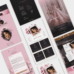 May include: A collection of digital invitation templates for a quinceanera celebration featuring pink and black color schemes, floral accents, portrait photos, and text elements including Her Era, The Quince Edition, and Valentina The Crowned Fifteen.