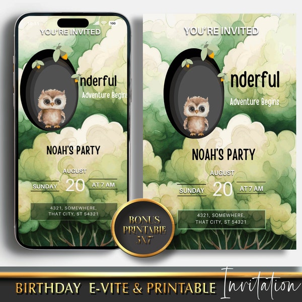 Digital Birthday Party invitation, Bday Party Invite, Birthday Party, text evite and 5x7 Printable template. Adorable Owl Invite With Photo